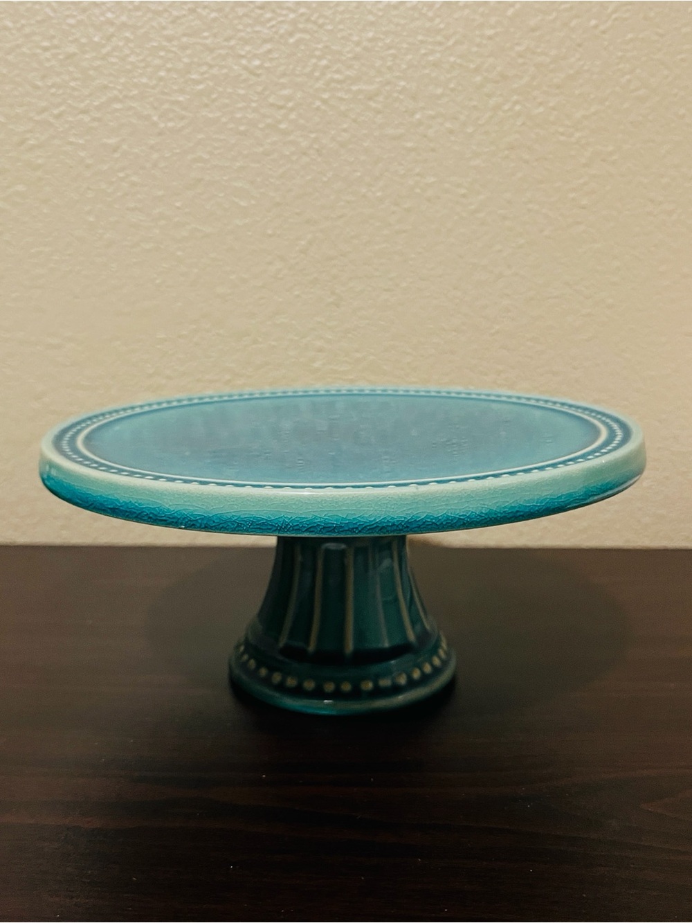 Vintage Blue/Teal Ceramic Pedestal Beaded Rim Cake Stand